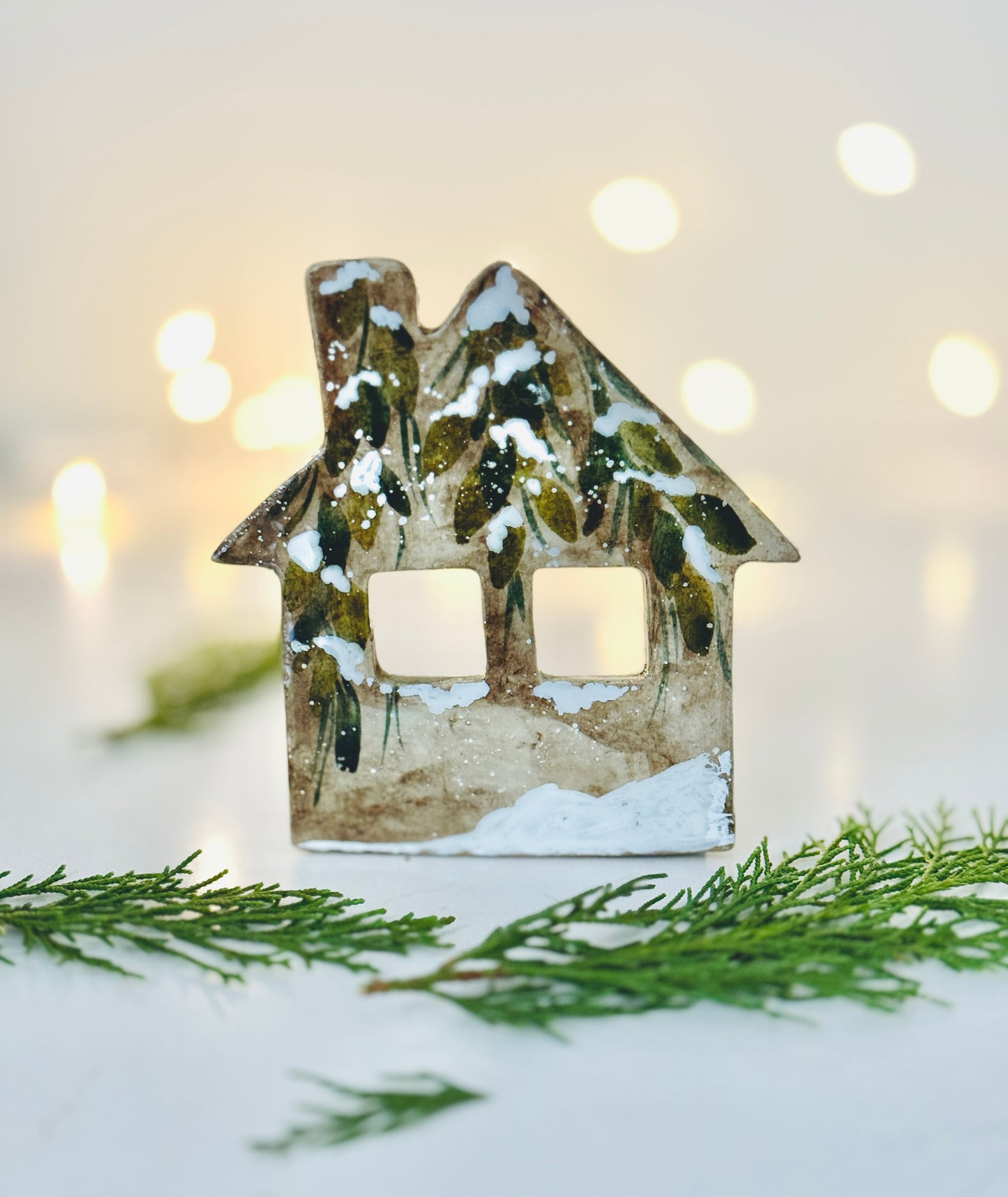 Snowy Leaves Holiday House Luminary