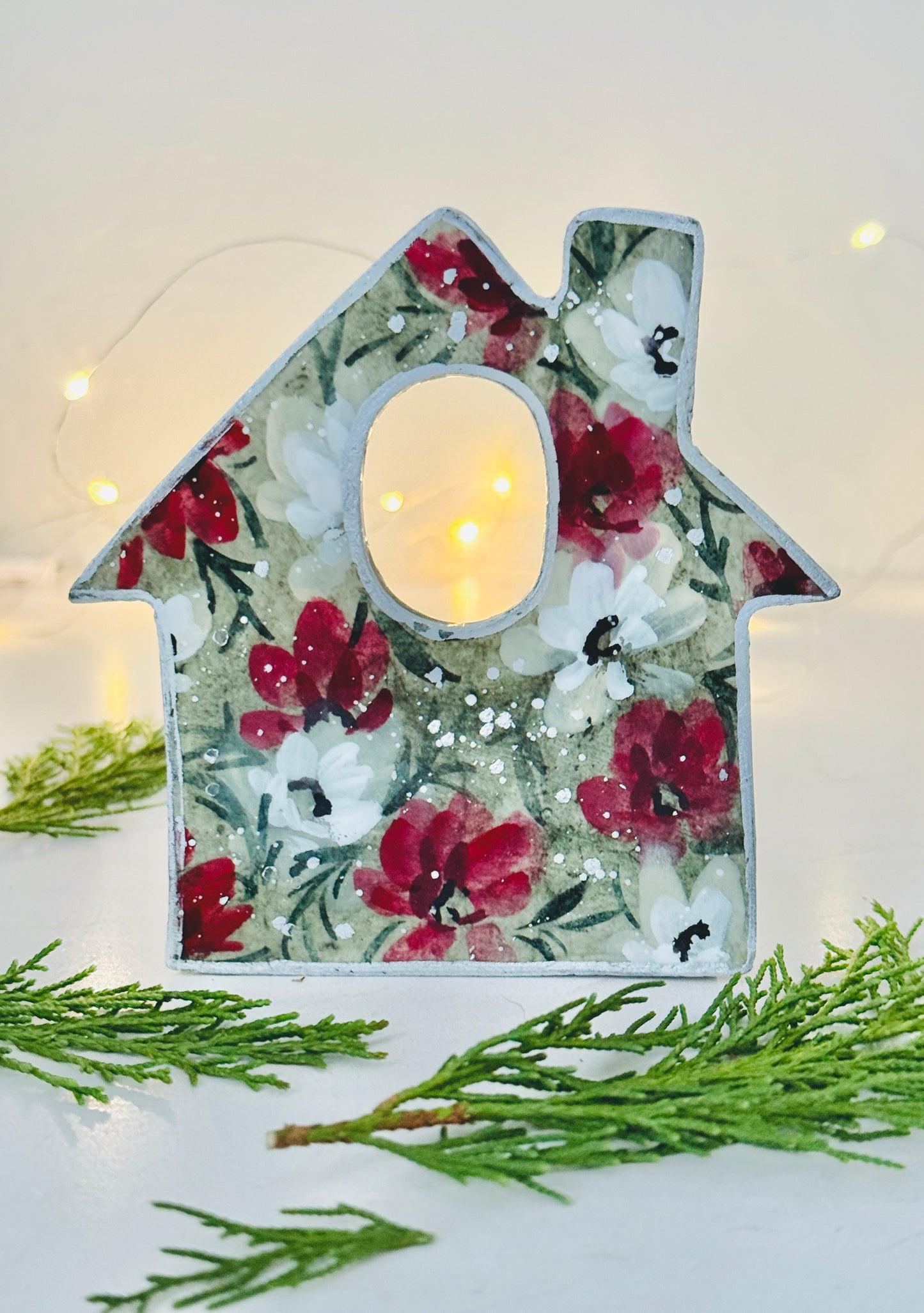 Red Floral Holiday House Luminary