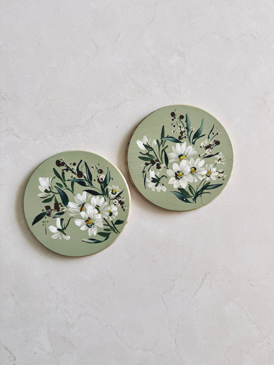 Sage Daisy Coaster Set Round